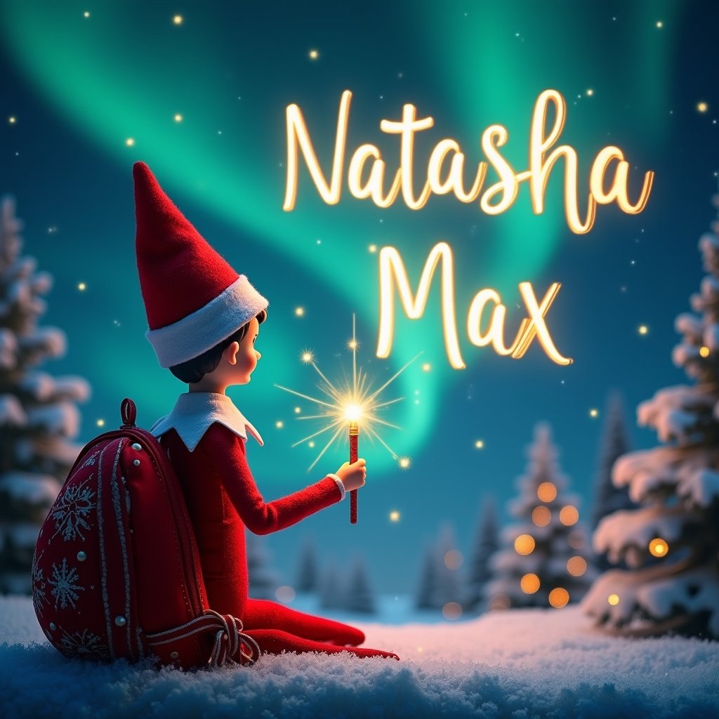 The image features an elf on the shelf with his back to the viewer, looking up at a starry sky filled with northern lights. He is holding a magic wand that sparkles and is elegantly writing the names 'Natasha' and 'Max' in the air. The background is a beautiful, magical Christmas scene filled with snow-covered trees and a hint of Santa in the distance. The lighting is soft and enchanting, creating a whimsical atmosphere. This scene evokes holiday cheer and captures the essence of Christmas wonder.