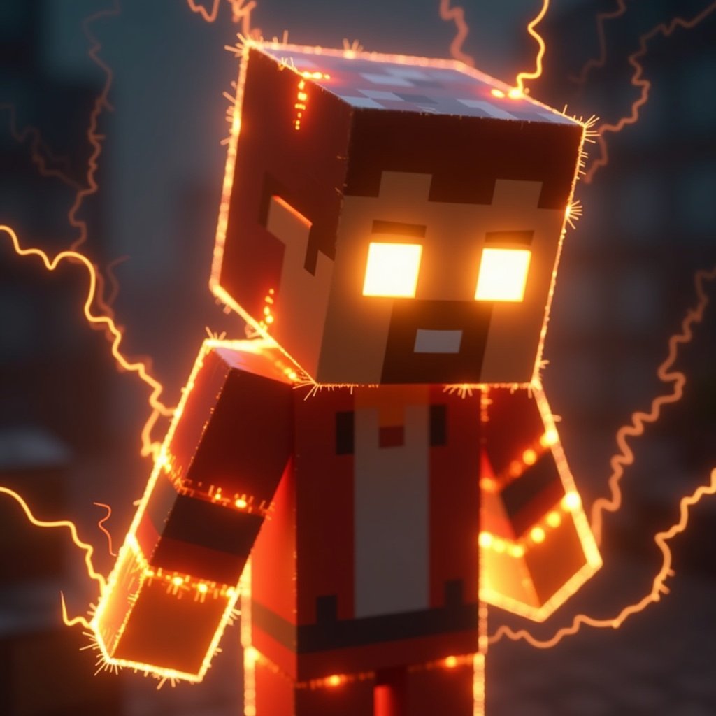 Minecraft character with glowing eyes. Orange electricity surrounds the body. Lightning fills the environment.