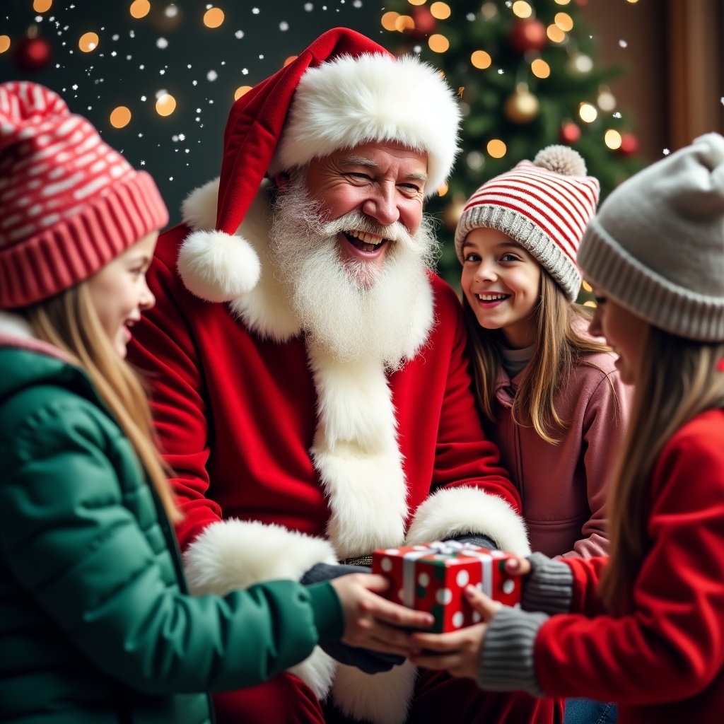 Image of Santa Claus handing gifts to excited children. Santa wears a red suit. Children wear colorful hats and jackets. Background has Christmas lights. Scene has a magical winter feel with falling snowflakes.