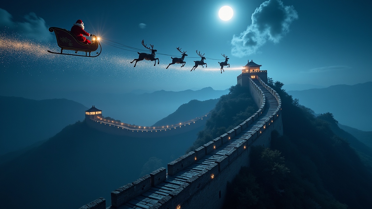 Magical atmosphere aerial shot showing Santa Claus flying past on his sleigh over The Great Wall of China. A trail of sparkles is left behind. Shot with Arriflex Alexa in ultrarealistic style.