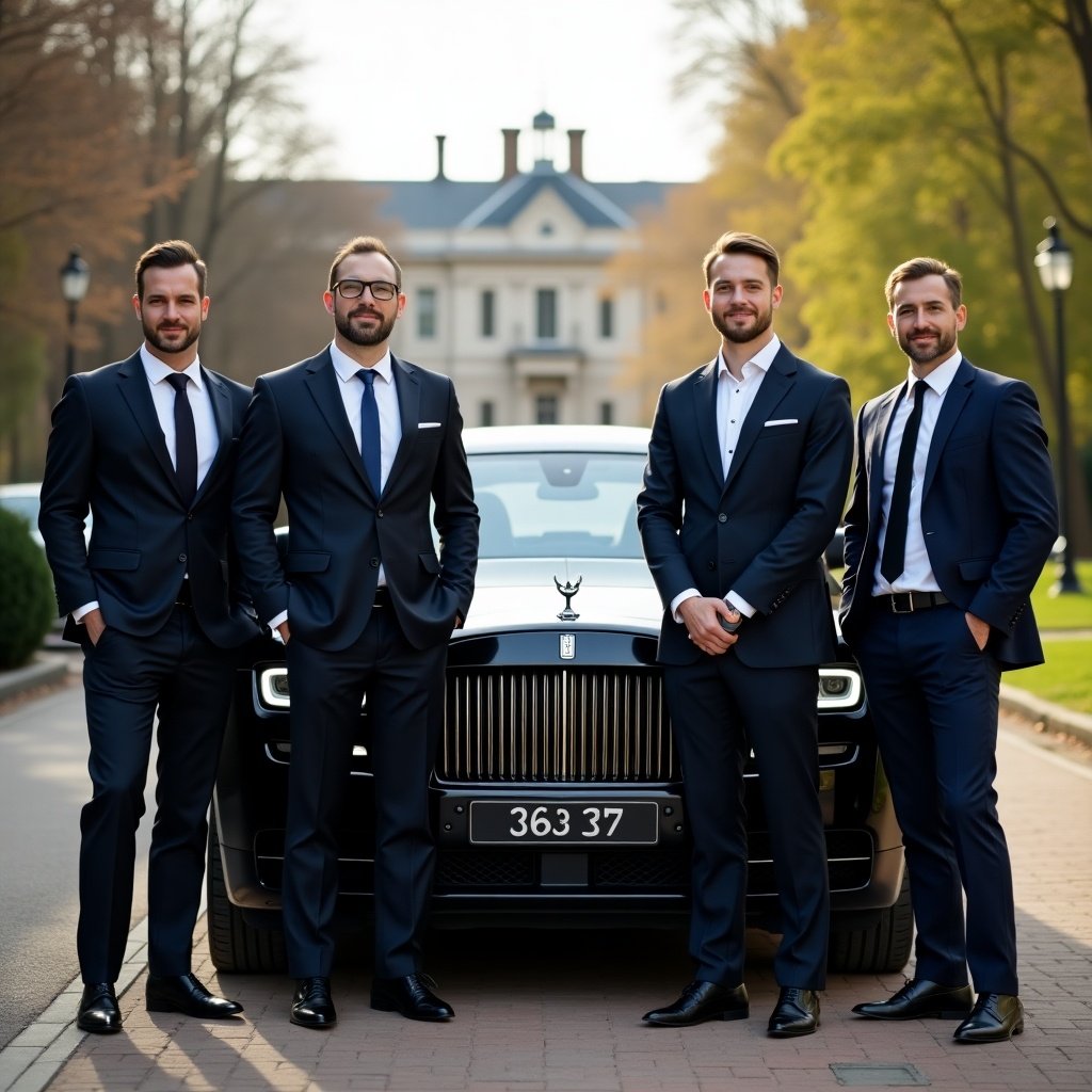 A group of well-dressed men stand around a luxurious car. They wear tailored suits and pose confidently. The setting has trees and a grand building in the background. The atmosphere is elegant and sophisticated.