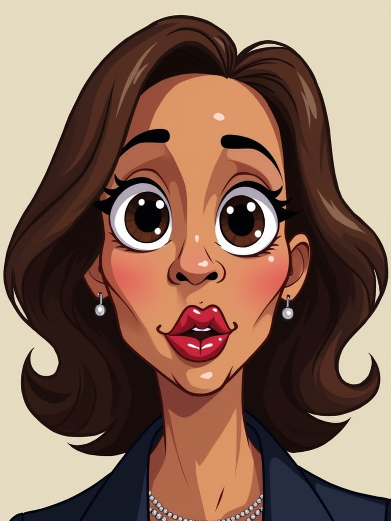 Cartoon headshot of a woman with huge eyes and lips. The woman has medium-length dark brown hair. She wears a dark outfit and jewelry. Colorful background complements the character design.