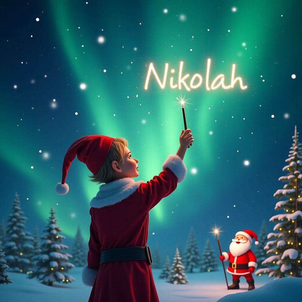 Elf faces magical sky. Using wand to write names in air. Northern lights glow in background. Santa is present. Names include 'Nikolai', 'Naliah'.