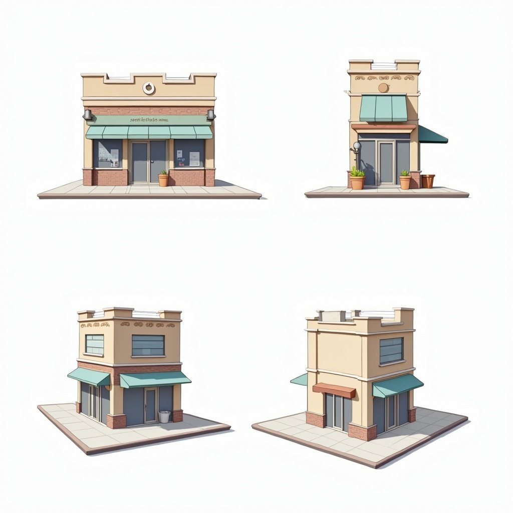 Illustration of a store viewed from four different angles. Front view shows exterior details. Back view shows rear access. Right side displays side architecture. Left side highlights additional features.