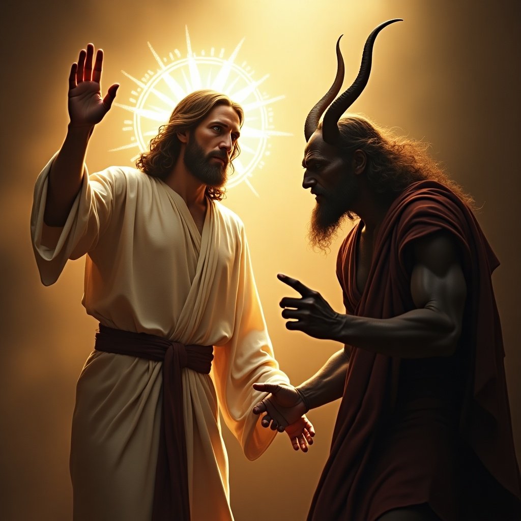 Dramatic religious scene depicting Jesus confronting Satan. Jesus portrayed in white robes with a halo; Satan depicted with horns and dark clothing, contrasting the two figures.