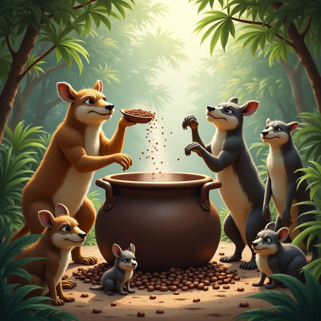 Multiple animals in a jungle setting gather around a large pot producing chocolate. Some animals are throwing ingredients into the pot while others look in. The scene depicts a playful and whimsical atmosphere.