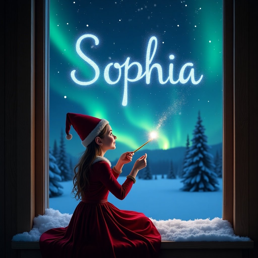 An elf sits on a window ledge. The elf is looking up at the night sky. A wand is used to write the name 'Sophia' in blue sparkles. The scene is festive with northern lights and snow. The elf wears a red outfit and a pointed hat.