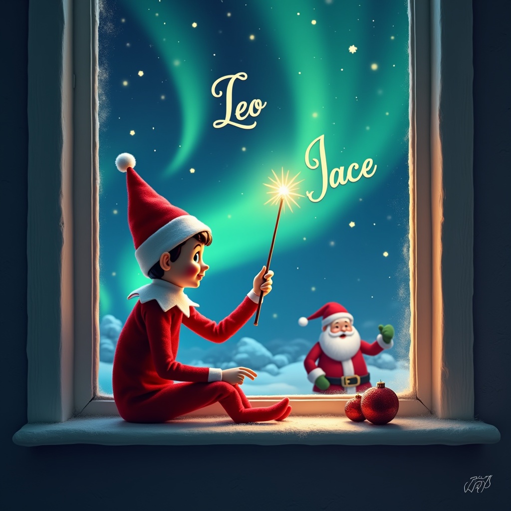 An elf on the shelf sits on a windowsill, gazing at a magical night sky filled with the northern lights. The elf is dressed in classic red and white attire, holding a wand that sparkles as it writes 'Leo' and 'Jace' in the air. In the distance, Santa Claus waves from the clouds, adding to the festive atmosphere. The whole scene is enchanting and evokes feelings of joy and wonder associated with Christmas. Apples rest on the windowsill, contributing to the cozy holiday vibe.