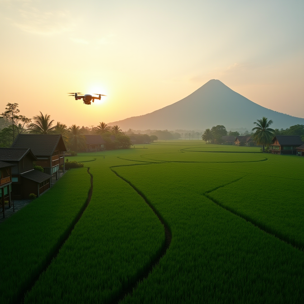 A drone hovering over lush green rice fields with a sunrise illuminating a volcano in the background.