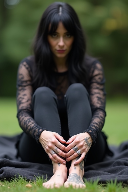 Mature goth woman sits on a blanket outside. Long black hair. Tattooed feet visible. Stylish black lace shirt. Natural outdoor setting.