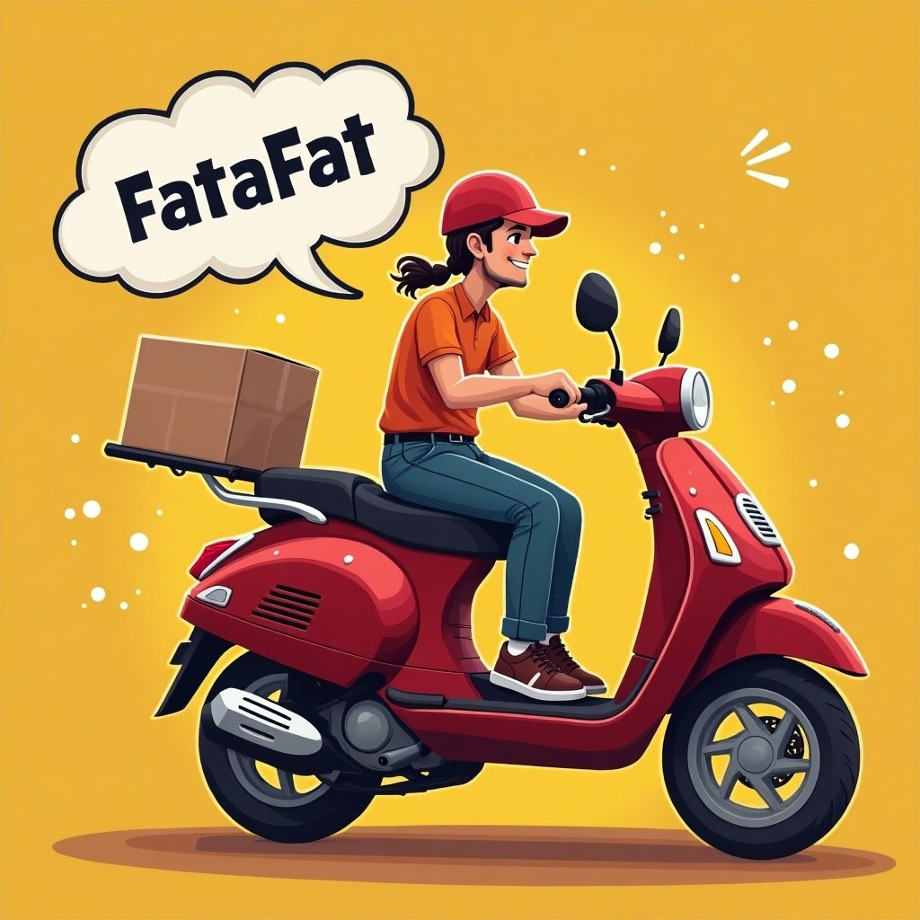 Delivery service depicted with scooter and delivery person. Background in yellow with a speech bubble. Emphasizes fast delivery.