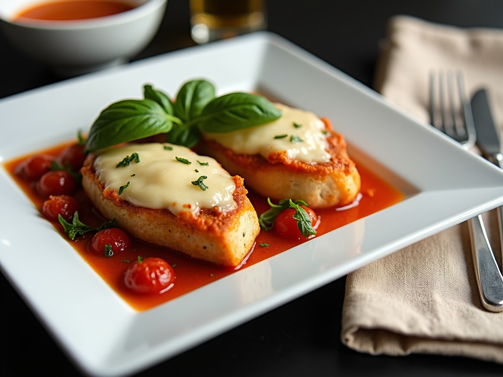 The image features a rectangular white plate filled with a savory dish. There are two portions of what appears to be chicken or meat, topped with melted cheese and accompanied by sautéed tomatoes and fresh greens. A few basil leaves are scattered on top as garnish. The meal is placed on a dark surface next to a beige napkin with cutlery. Additionally, there is a glimpse of a soup or sauce in a bowl featured off to the side.