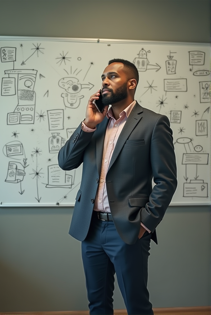 A man in a suit talks on the phone in front of a creativity-filled whiteboard.