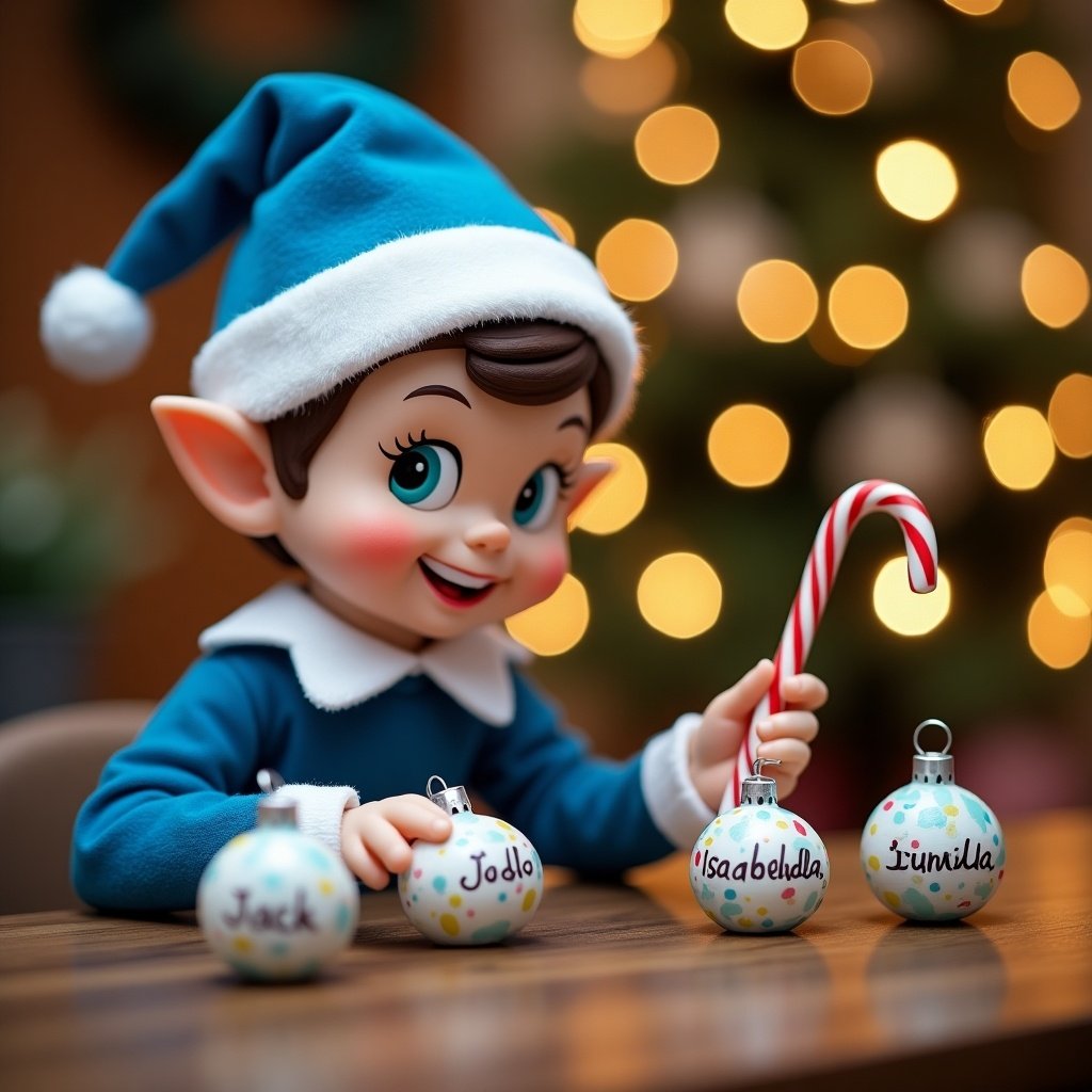 A charming Christmas elf dressed in cheerful blue attire, complete with a hat, is focused on writing names on decorative baubles. The elf has a playful expression and is sitting at a wooden table surrounded by holiday decorations. The background features a softly lit Christmas tree adorned with twinkling lights. The elf holds a red and white candy cane, adding to the festive atmosphere. This scene evokes a sense of holiday cheer and delightful anticipation. The name being written includes 'Isabella,' emphasizing a personal touch for the festive season. The names being written include 'Jack,' and others.