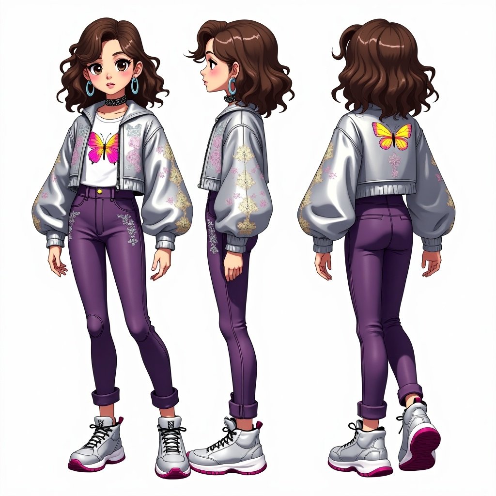 Character sheet features anime style young girl as k-pop star. She has curly brown hair, brown eyes, wearing metallic silver oversized jacket with star and butterfly patterns. A graphic t-shirt in neon colors underneath, high-waisted purple pants with silver embroidery, platform sneakers. Accessories include chokers and hoop earrings. Character is shown from front, side, and back views.