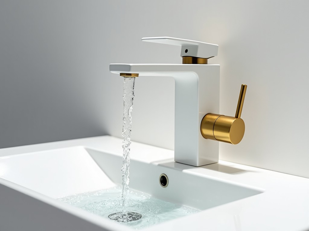 This image features a high-resolution photograph of a modern, minimalist bathroom faucet. It has a sleek, white body and a gold-colored handle positioned on the left. Water flows from the faucet in a steady stream, appearing as a fine mist. The faucet is mounted on a white, rectangular sink with a glossy finish. The background is a plain light gray, enhancing the clean aesthetic of the fixture.