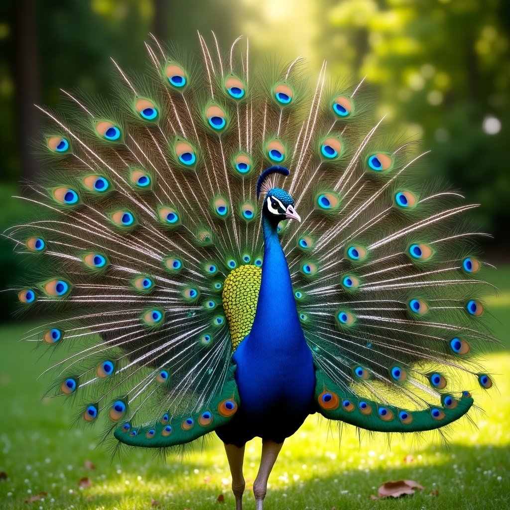 A peacock displaying its vibrant feathers in a lush green forest. Bright colors and intricate patterns on feathers highlight beauty.