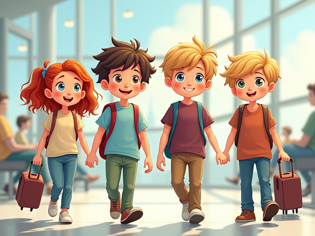 This cheerful illustration depicts four animated children at an airport, walking hand in hand with their small suitcases. The scene is vibrant, with each child exuding excitement about their journey. A bright, airy terminal setting serves as the backdrop, filled with soft natural light enhancing the playful and adventurous mood.