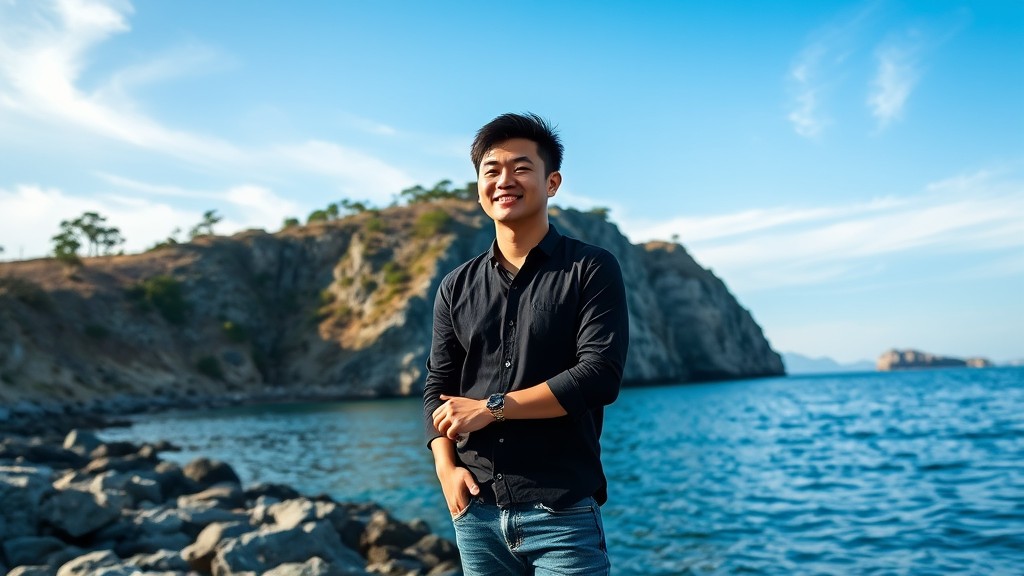 A man standing on rocky coast overlooking a tranquil ocean with cliffs in the background.