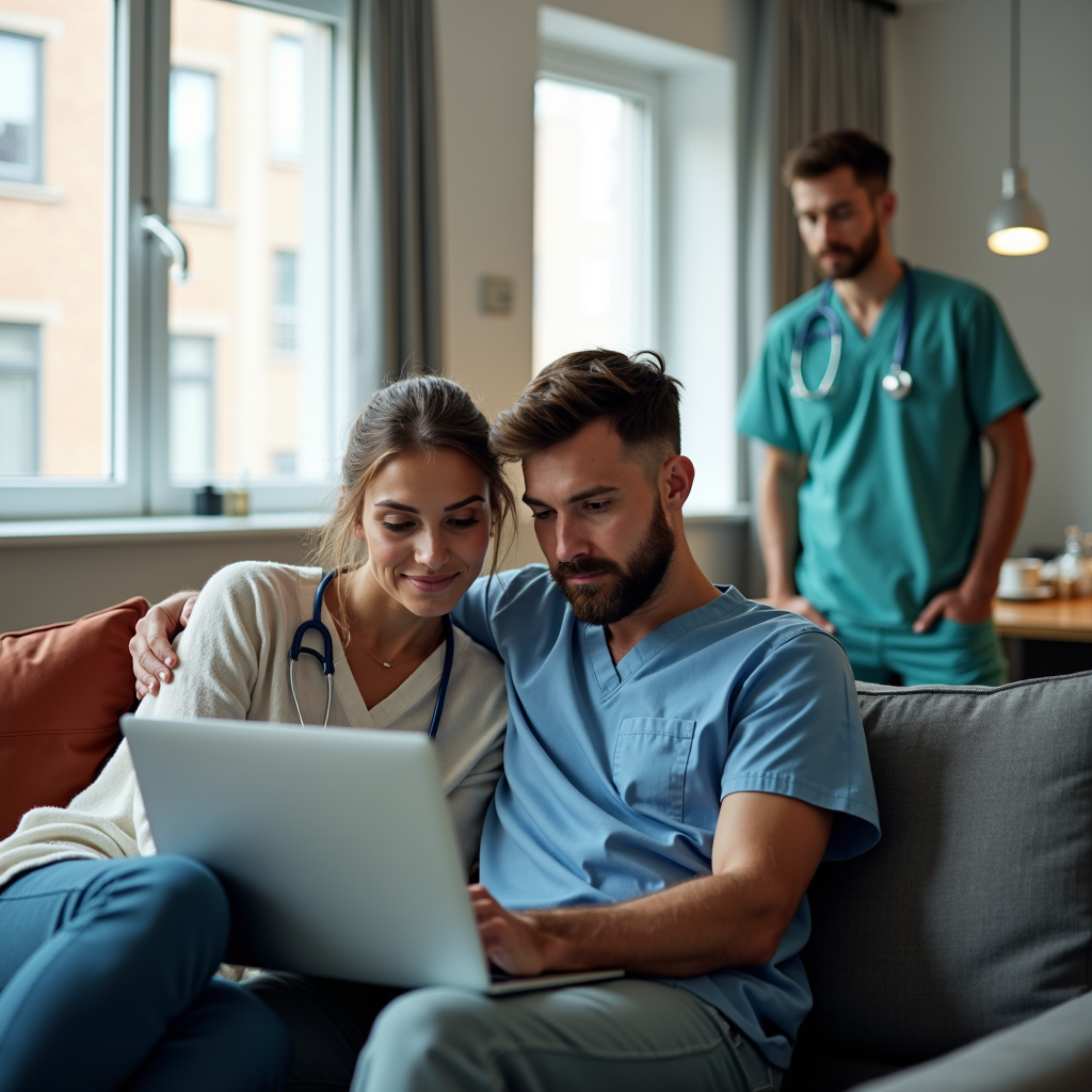 A couple in medical attire is sitting on a couch with a laptop, while a third person in scrubs stands behind.