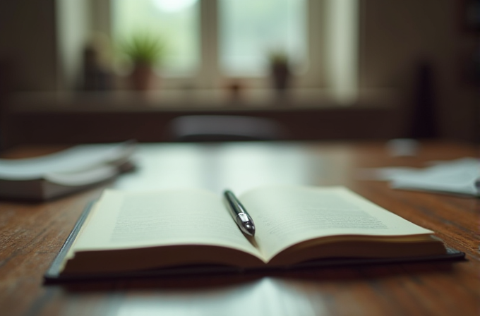 An open book with a pen resting on top sits on a wooden table by a window.