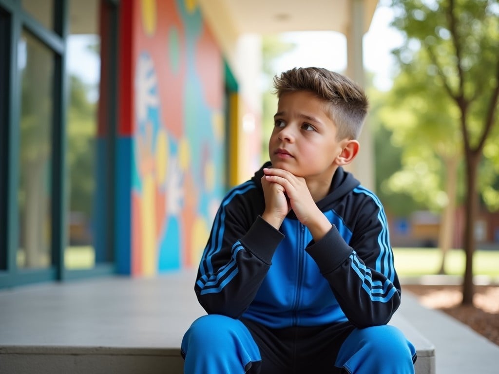 The image shows a young boy sitting on steps outside a building. He is wearing a blue and black athletic outfit and appears to be deep in thought or contemplation. The background includes colorful murals and a large window, suggesting a school environment. The setting looks serene and inviting, with ample sunlight illuminating the area. There are some trees visible in the background, adding a touch of nature to the scene.