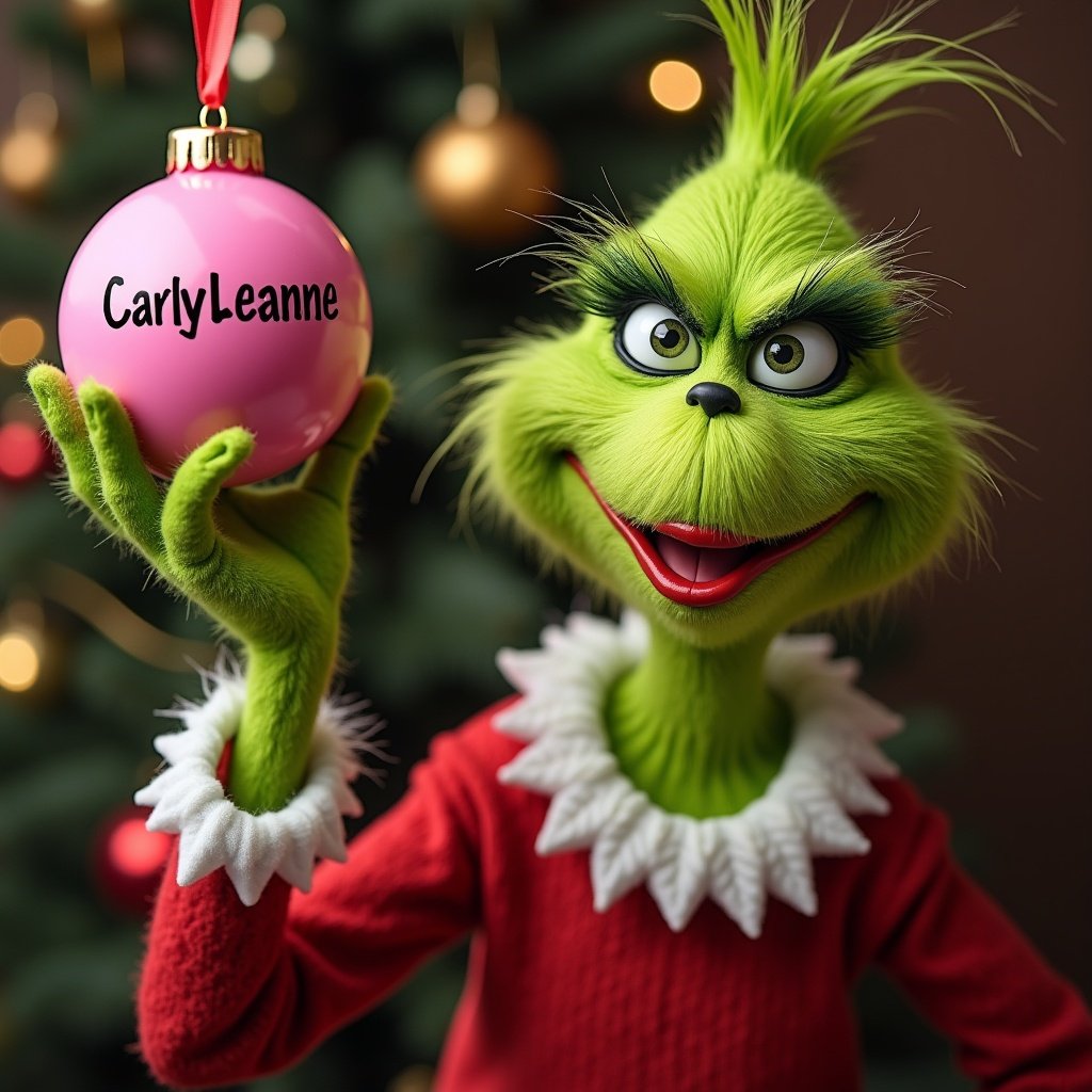 The Grinch holding a pink Christmas ornament. The ornament has a name on it. Cheerful holiday setting. Festive atmosphere with Christmas tree backdrop.