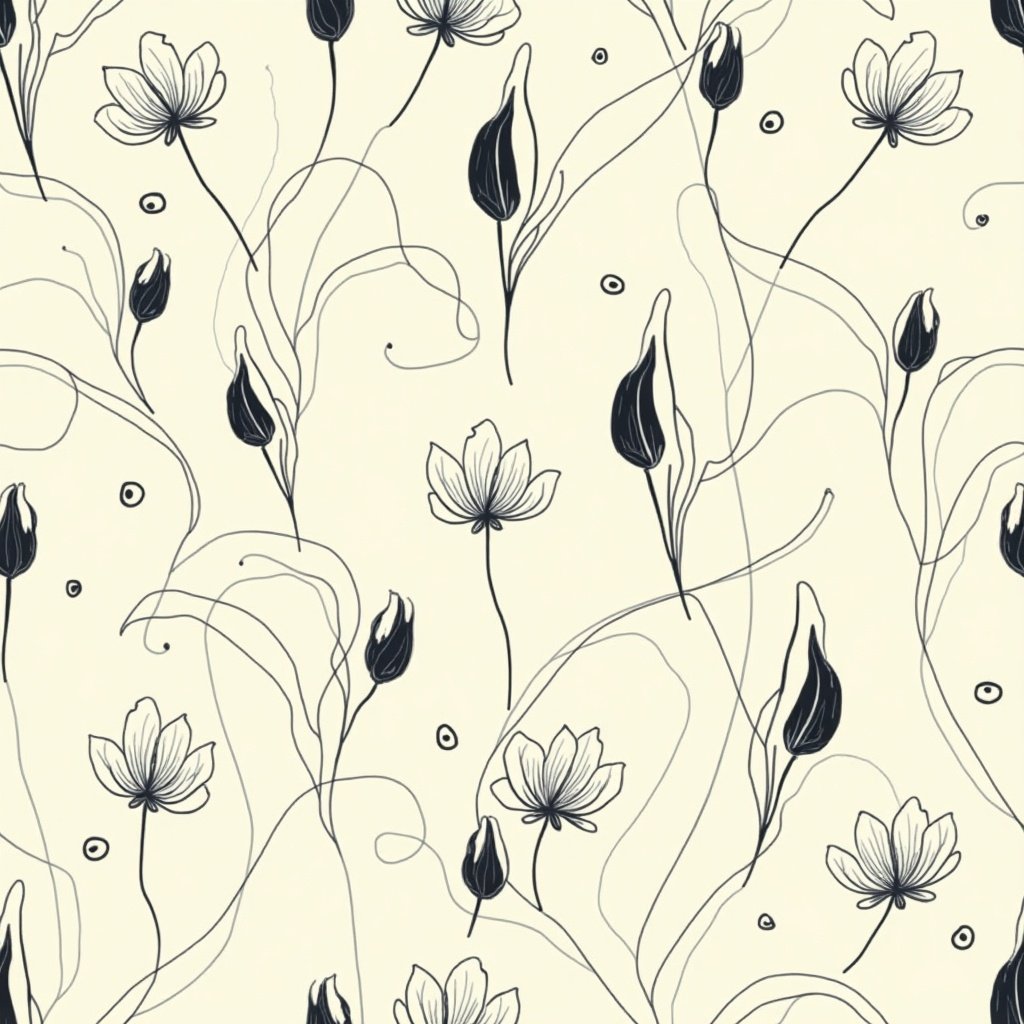 An illustration with a seamless pattern of black and white tulip flowers intertwined with black thread. The background is light beige.