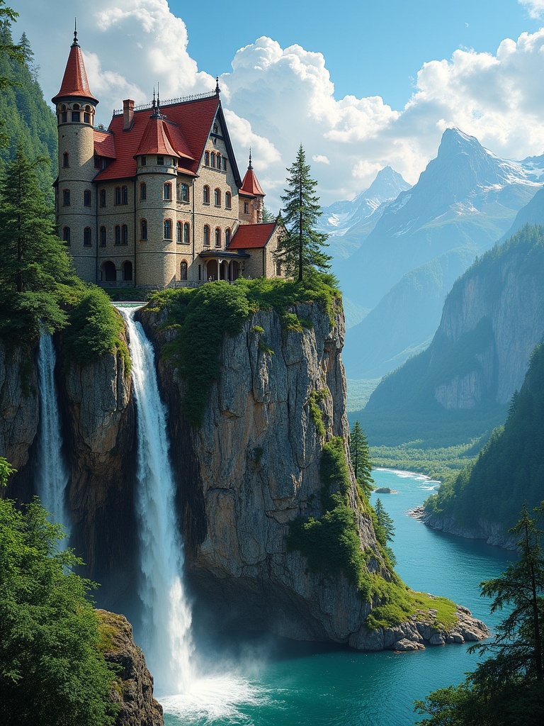 A picturesque house built on a rugged cliff captures breathtaking views. The house features a red roof and beautiful brickwork. Waterfalls cascade down the cliffs beside the house into a blue river below. The scene includes lush green forests and distant mountains under a bright blue sky. This idyllic landscape evokes a sense of fantasy.