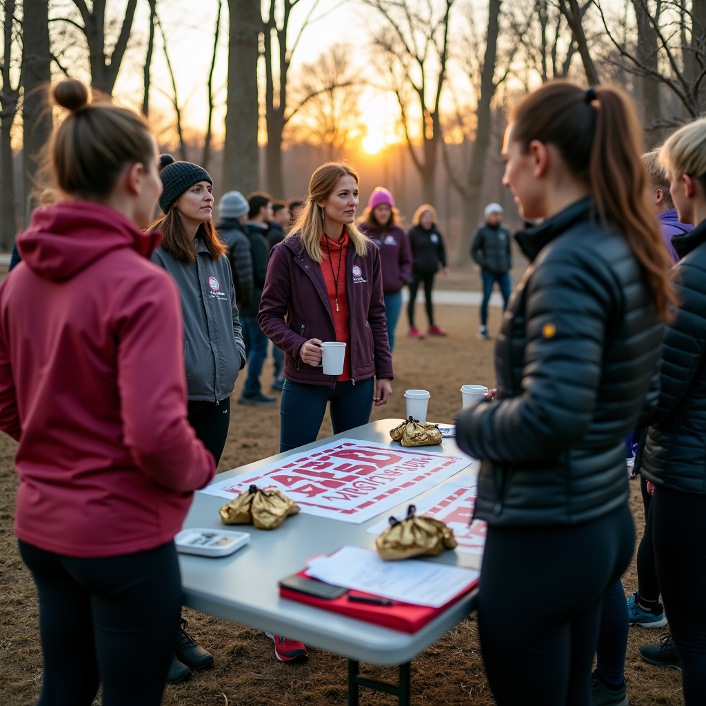 A group of people in outdoor attire gather around a table in a park during sunrise.