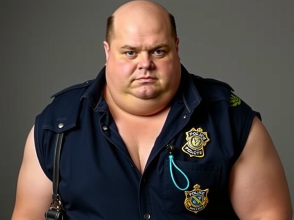 A serious-looking police officer with a sleeveless uniform poses against a neutral background.