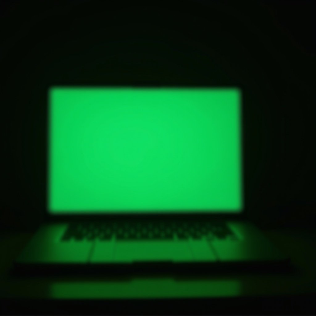 A laptop screen illuminated with a solid green color in a dark environment.