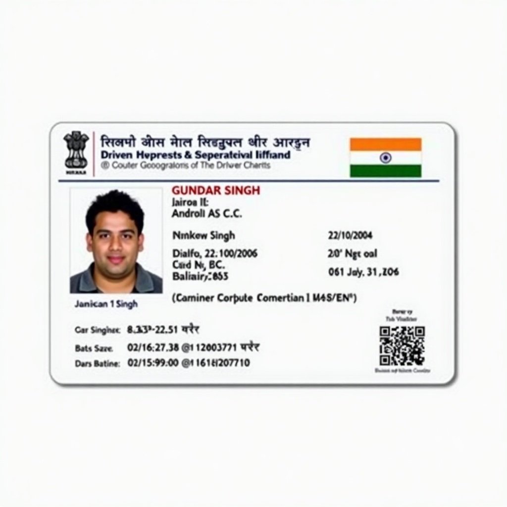 Image shows Indian driver license card. It has the name Gundar Singh and an age of 20. Birth date listed as 22/10/2004. Card follows a typical government format. Appearance is clean and professional. Suitable for identification purposes.