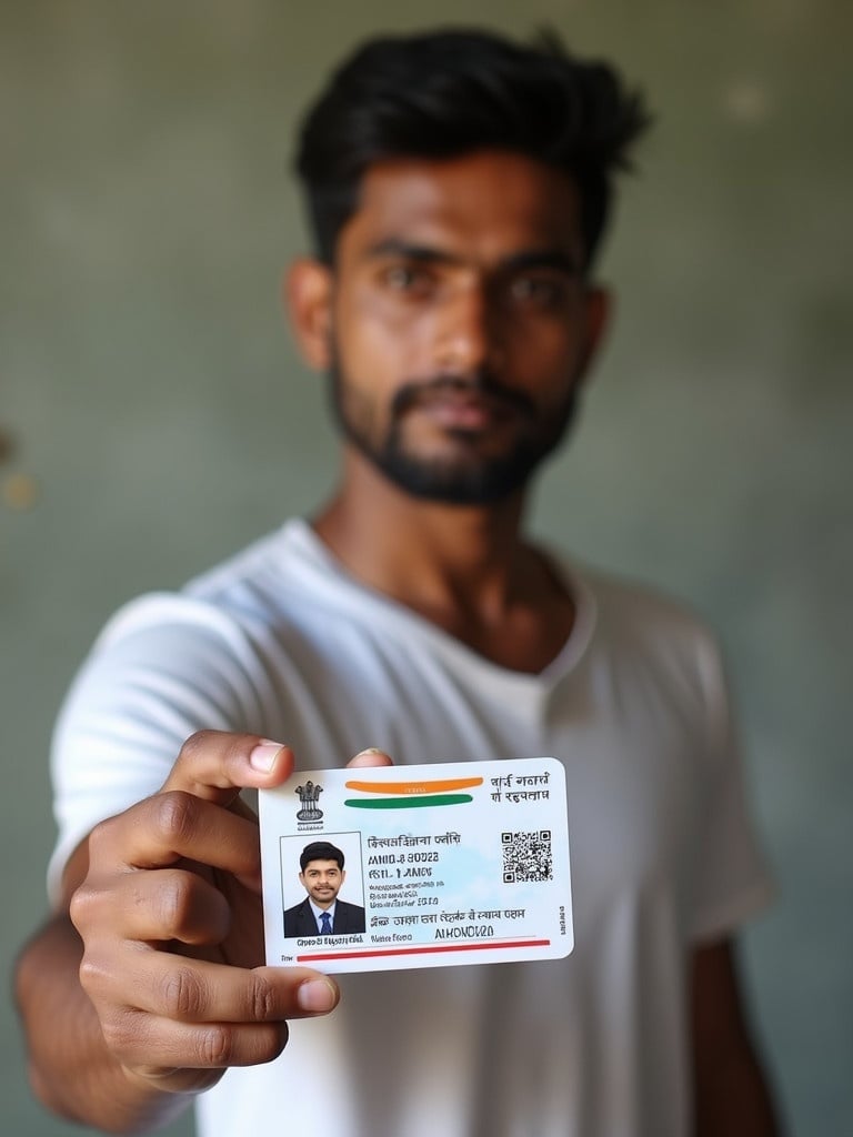 Image of a male holding an Aadhar card in India. The individual is displaying the card clearly. The background appears soft and out of focus. The image focuses on the card and lighting highlights the card details.