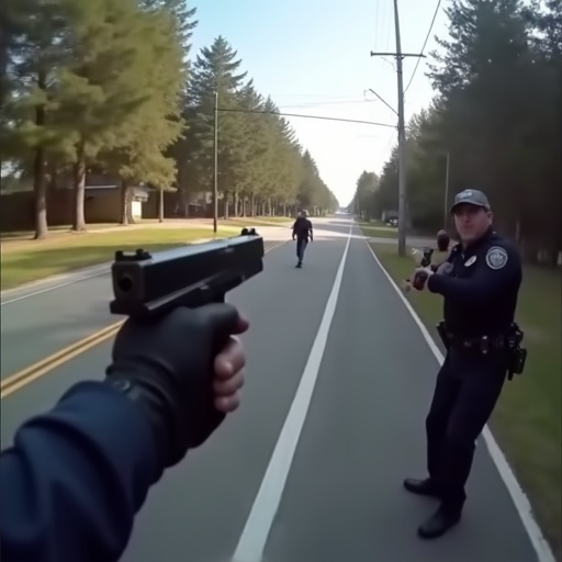 Police body cam perspective shows a police officer aiming a gun. A suspect is running away on the road. Trees line both sides of the street. Two police officers are present in the scene. Natural daylight covers the environment.