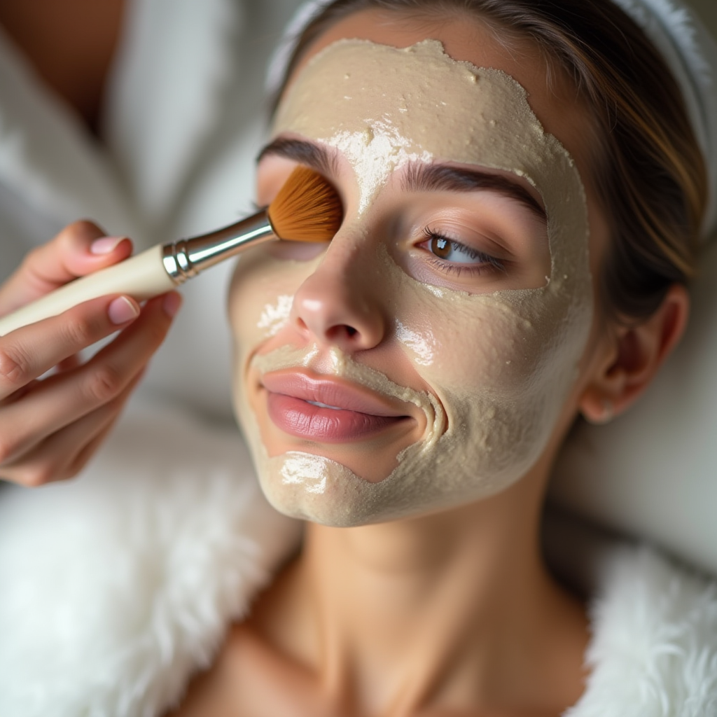 A woman enjoys a facial treatment as a soothing mask is applied with a brush.