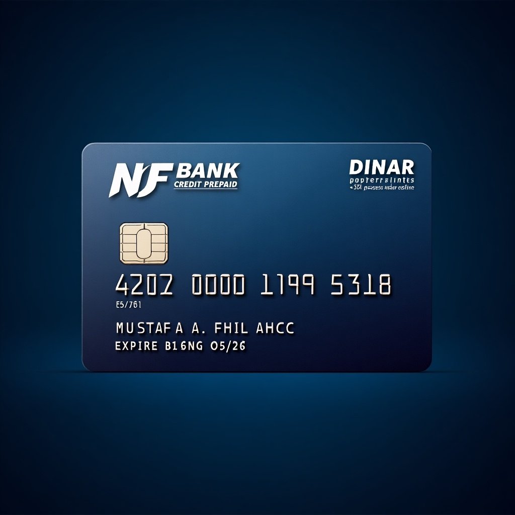 Realistic image of a credit card showing details prominently. Card displays Dinar logo and NF BANK Credit Prepaid against a blue background. Card number and name are clearly visible. Expiry date is included. Clean look with a dark blue backdrop.