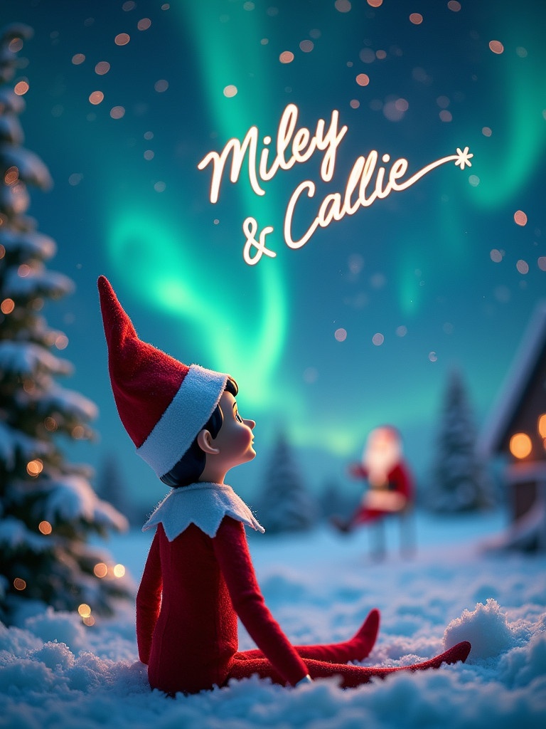 Enchanting Christmas scene featuring an elf on a shelf. The elf gazes upwards, using a wand to write names in the sky. Background includes northern lights and Santa Claus. Snow blankets the ground.