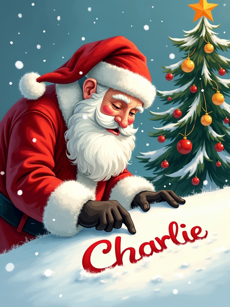 Illustration shows Santa Claus in red suit and white beard. He writes 'Charlie' in the snow with a finger. Background has a decorated Christmas tree. Snowflakes fall gently. Evokes joy and nostalgia.