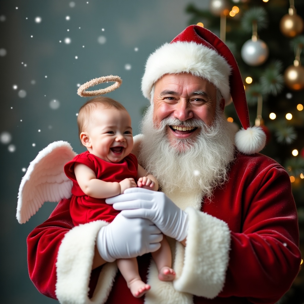 A cheerful Santa Claus holds a baby with angel wings and a halo. Santa is dressed in his traditional red suit. The baby smiles joyfully. Background shows a Christmas tree with ornaments and falling snow. Scene evokes a festive atmosphere.