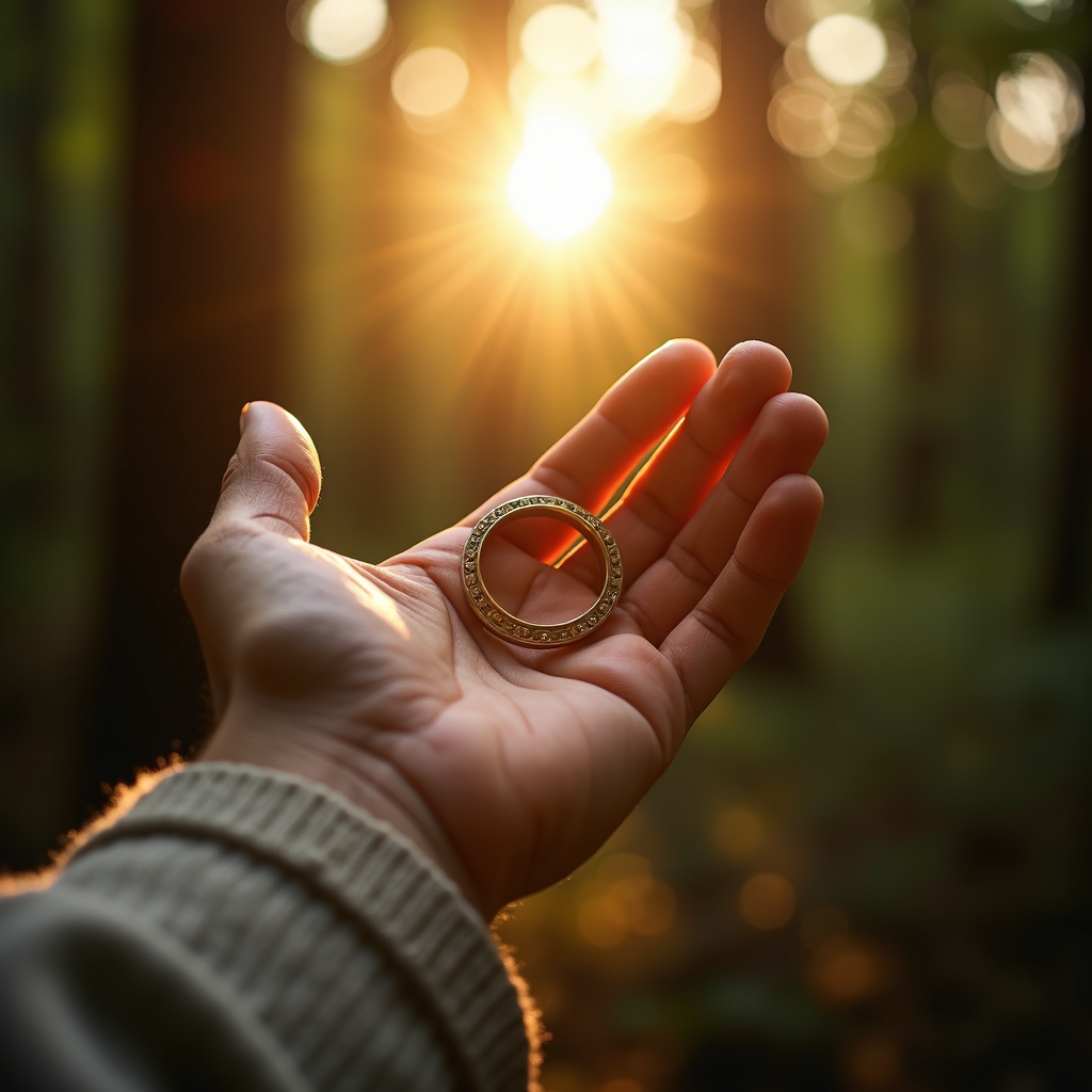 A hand holding a ring is illuminated by the warm glow of the sunrise in a forest setting.