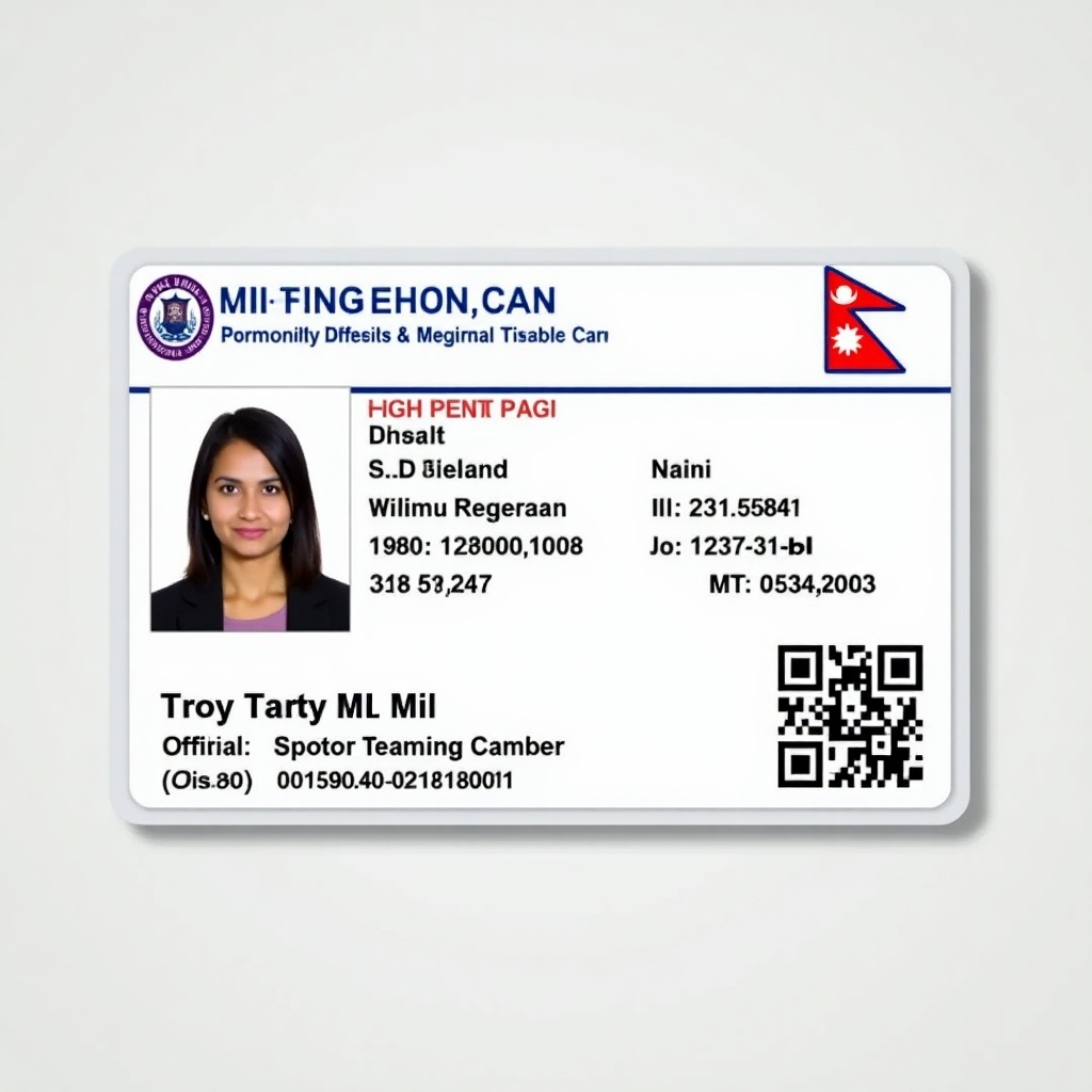 ID card from Nepal displaying identification information. Card contains official details, a QR code, and looks suitable for professional use.