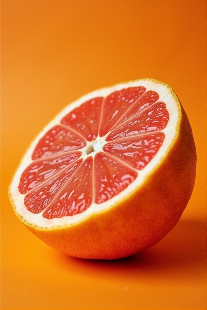 A half-sliced grapefruit with vivid pink flesh and white pith on an orange background.