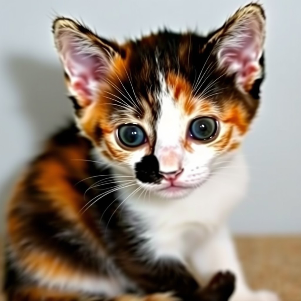 A close-up of a calico kitten with big, expressive eyes gazing at the viewer.