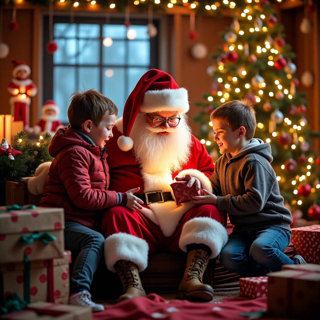 In a cozy Santa's grotto, two young boys, Luke and James, excitedly gather around Santa Claus. Dressed in his classic red outfit with a white beard, Santa is engaging with the boys as they await their gifts. The room is adorned with festive decorations, including a beautifully lit Christmas tree and gifts scattered around. The soft glow of fairy lights adds warmth to the atmosphere, creating a magical holiday scene. The children's expressions of joy and curiosity embody the spirit of Christmas, capturing a timeless moment of childhood wonder.