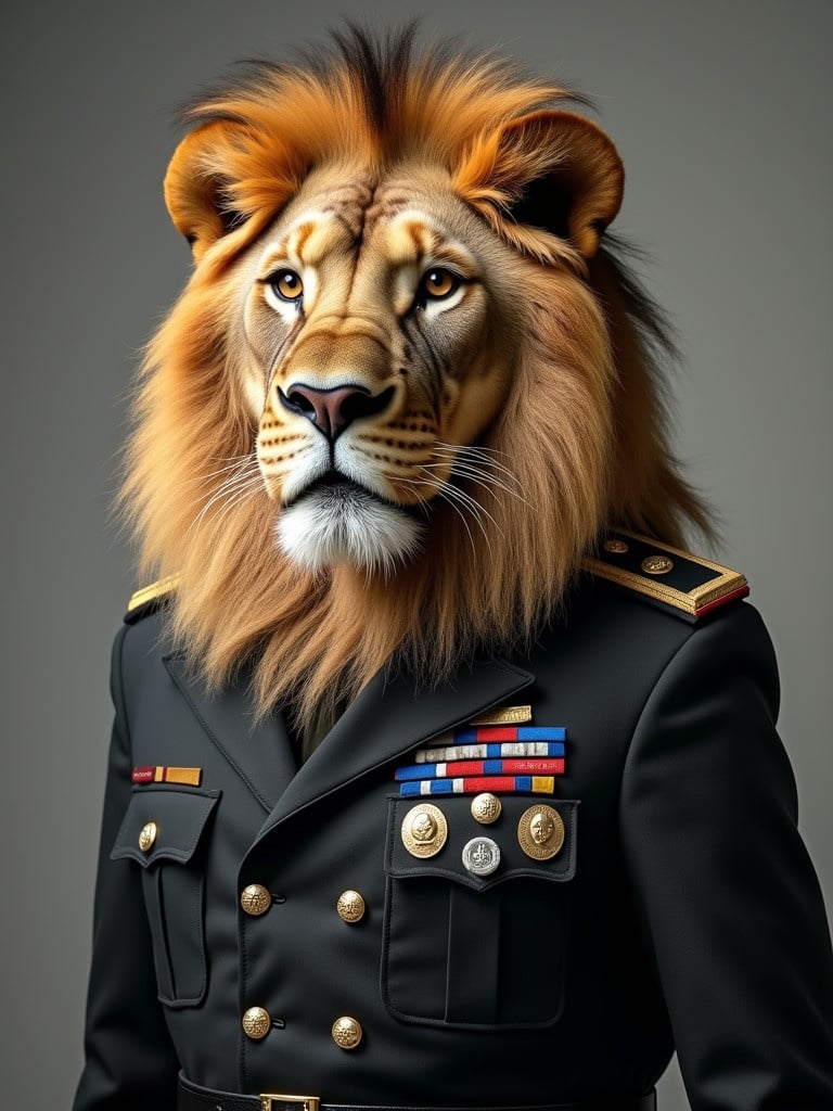 Professional photograph features a lion dressed in military uniform. Lion showcases four identical badges on the uniform. Focus is predominantly on the lion and its attire. Background is neutral to enhance the subject.