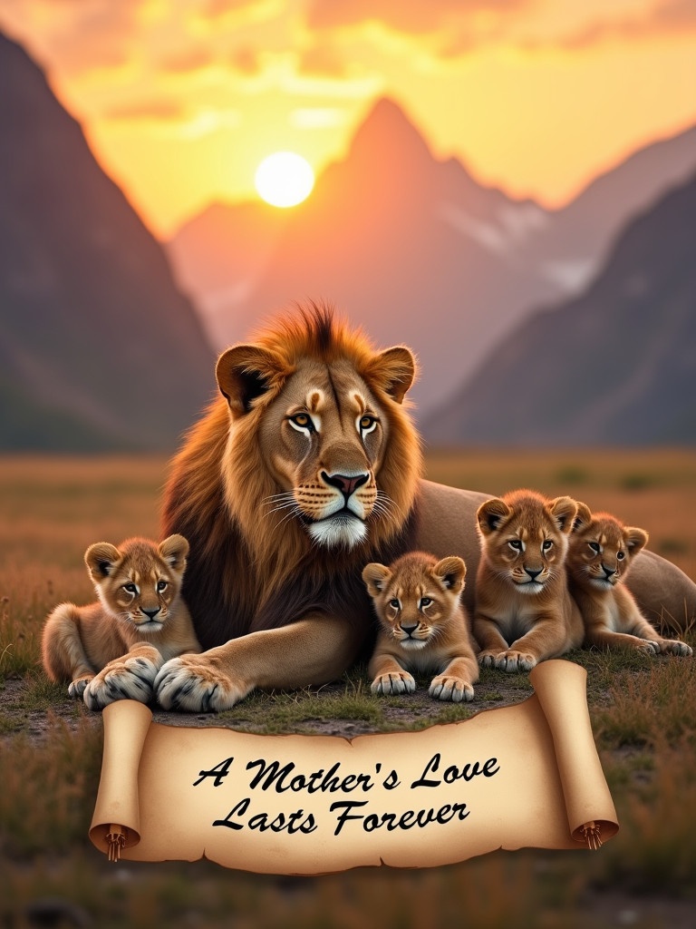 Lioness lying with three cubs at sunset in front of mountains. A scroll containing the words A Mother's Love Lasts Forever is included.