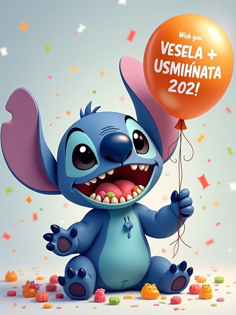 Cute blue alien character named Stitch with big ears. Stitch is sitting down with a big joyful smile. He shows his teeth while throwing gummy bears with one hand. His mouth is full of gummy bears. Confetti and gummy bears are in the air. He holds a balloon saying VESELA + USMIHNATA 202!