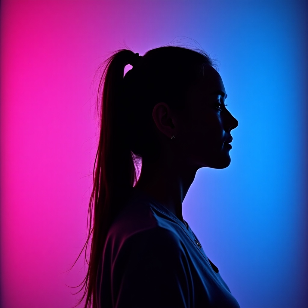 Image shows silhouette of a person with hair in ponytail. Background features vibrant gradient from pink to blue. Striking color contrast enhances the profile's contours. Artistic and modern aesthetic.