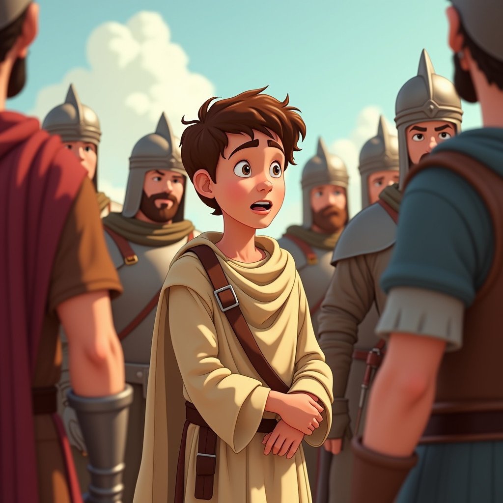 Close up of cartoon illustration of David a shepherd boy standing among soldiers speaking confidently. Soldiers in biblical armours talking to each other. David shows bravery and determination.